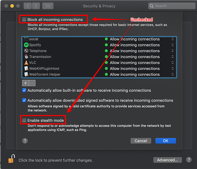 macOS firewall settings